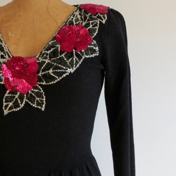 Vintage Don Sayres Black Wool Knit Dress with Sequins Neckline - Holiday Dress - Picture 3 of 9